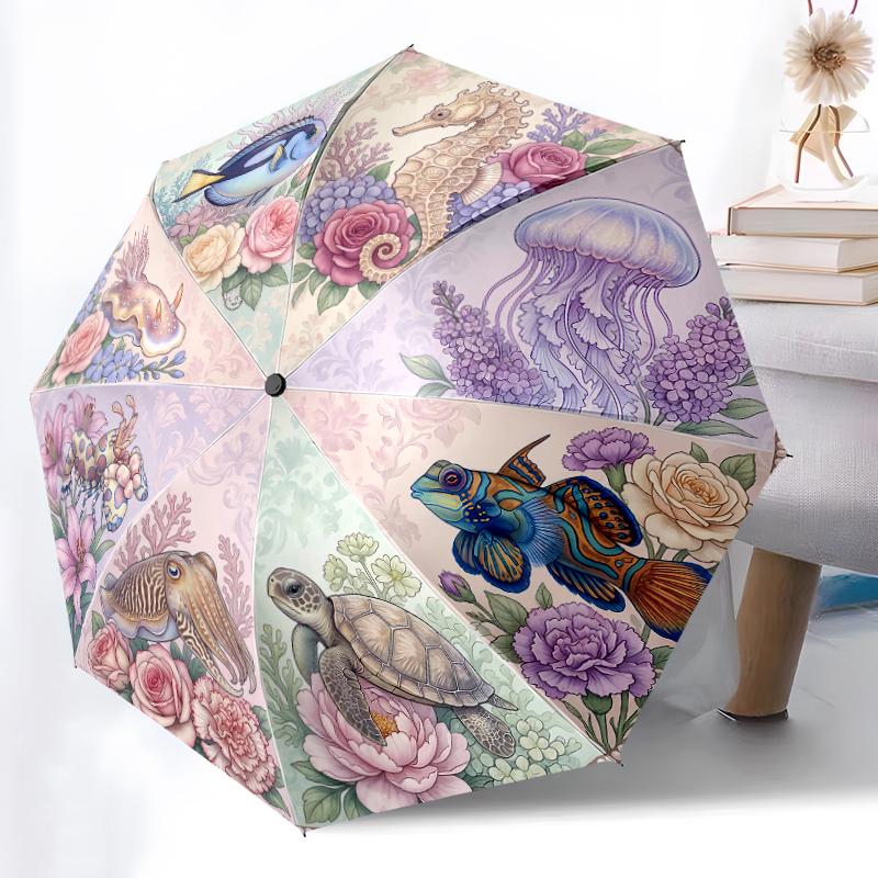 

1pc Sturdy 8-Bone Auto Umbrella, Calm Turtle Dolphin Marine Umbrella, Digital Printed, Foldable Umbrella for On-the-Go Outdoor Use