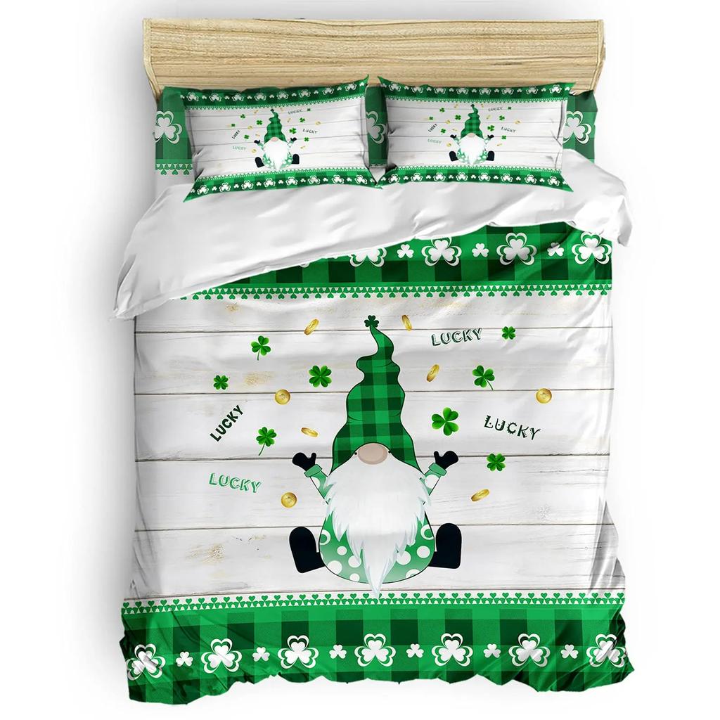 St. Patrick'S Day King Full Duvet Cover Green Lucky Clover Bedding Set Happy Cartoon Gnome Quilt Cover Polyester Comforter Cover