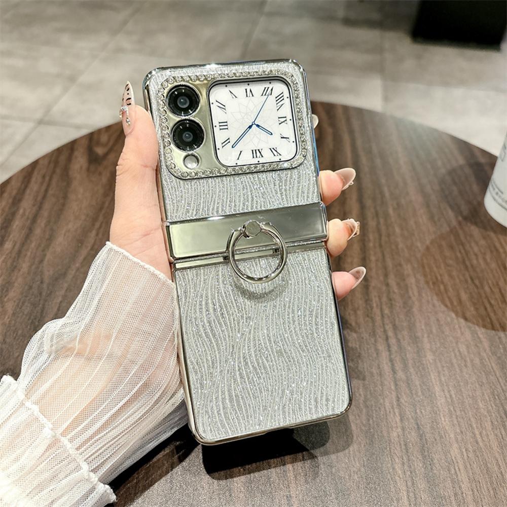

For Huawei nova Flip 5G Case with Ring Holder Ripple Texture Hard PC Electroplating Phone Cover C