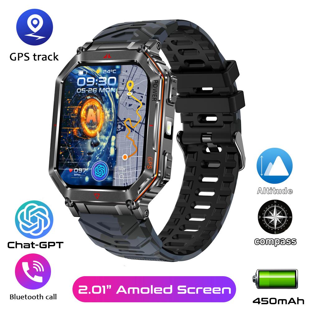 Military Smart Watch for Men with GPS Compass GPT Voice Assistant Smartwatch with LED Flashlight Bluetooth Call Fitness Tracker for Android & iOS