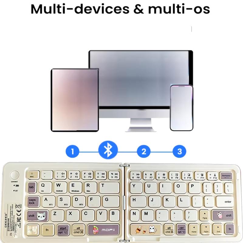 Three Bluetooth Wireless Folding Keyboard 67 Keys Cute Style Rechargeable Wireless Folding Keyboard for Windows/IOS/Android