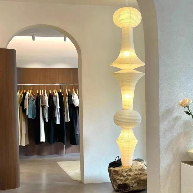 Japanese Wabi-sabi Style Isamu Noguchi Xuan Paper Long Vintage Chandelier for Aisles, Staircases, and Loft Window Displays.