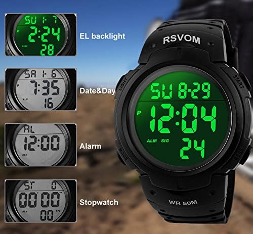 RSVOM Men's Digital Sports Watch Big Face 50M Waterproof Silicone Band LED Backlight Alarm Stopwatch