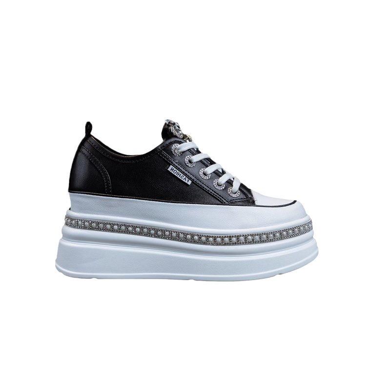 Women's Spring Fall White Sneakers Thick Bottom Muffin Inner Height Increase Rhinestone Decor Casual Sports Shoes