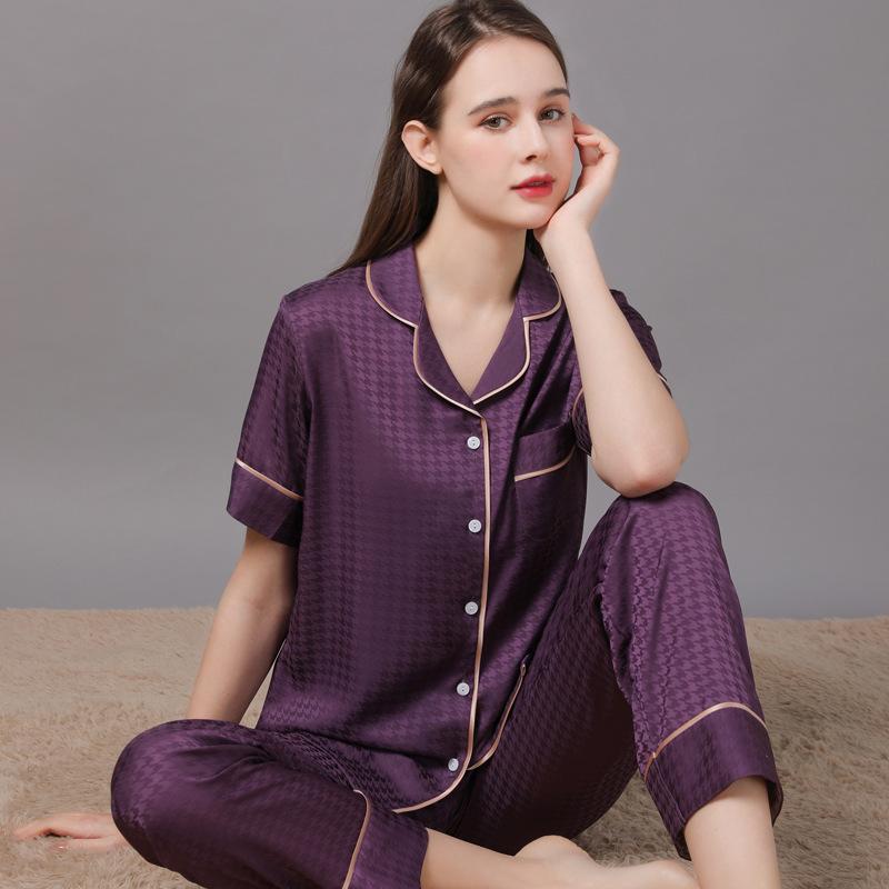 2022 Summer Ice Silk Couple Pajamas Set - Short Sleeve & Long Pants for Men & Women