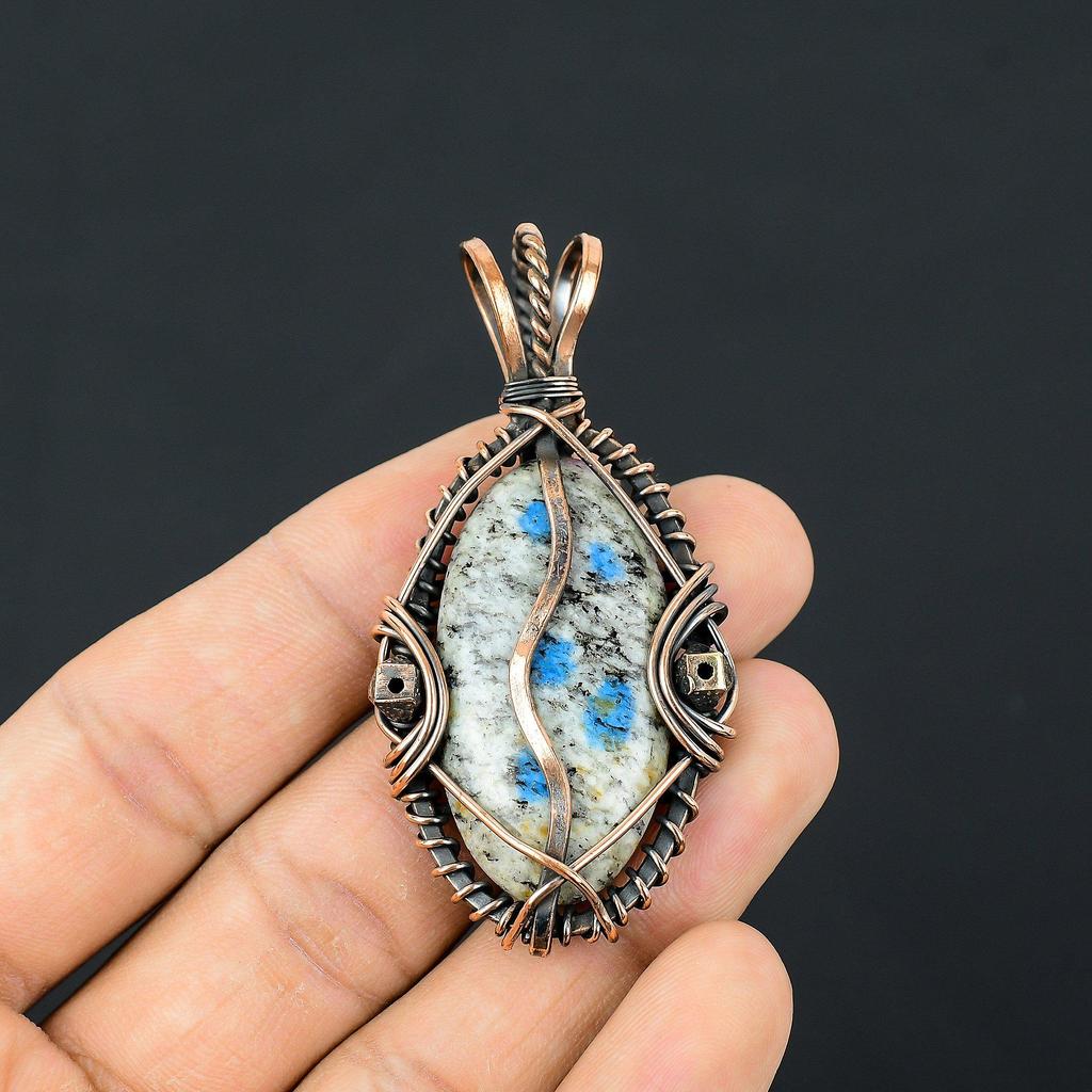 K2 Azurite Pendant, 999 Copper Wire Wrapped Gemstone Jewelry, Handmade Pendant, For Thanksgiving