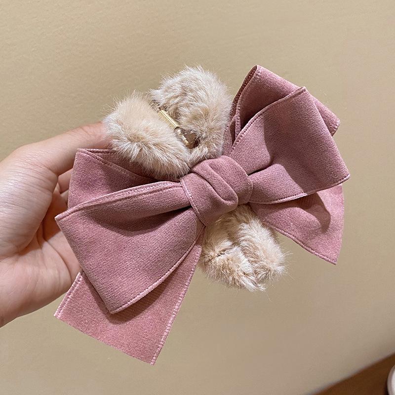 Autumn/Winter Large Pearl Tassel Bow Hair Clip with Plush Shark Design