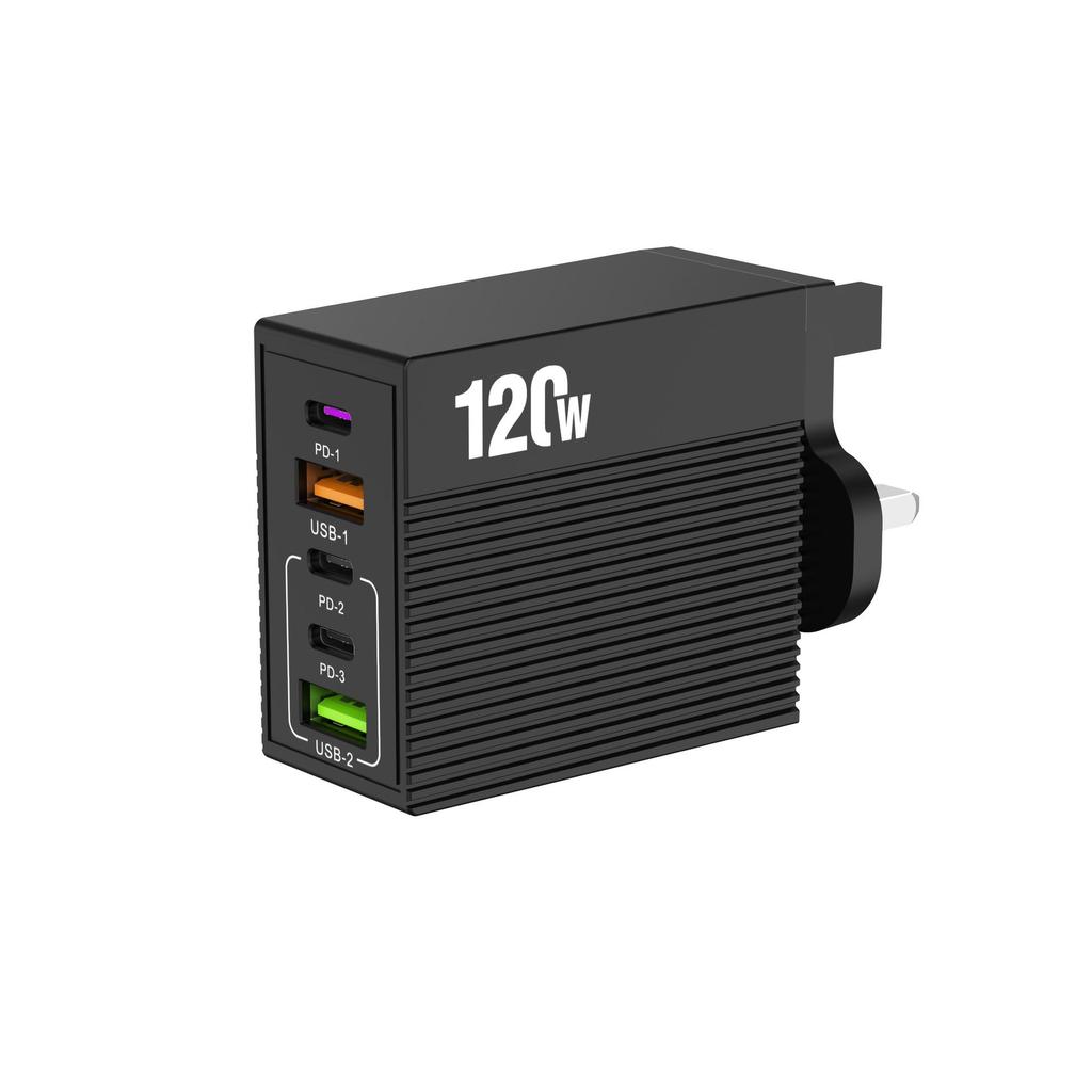 Caricabatterie Rapido Multi-Porta da 120W con Spina USA/UE/UK - Dispositivo da Viaggio Compatto, Supporto Completo Protocolli