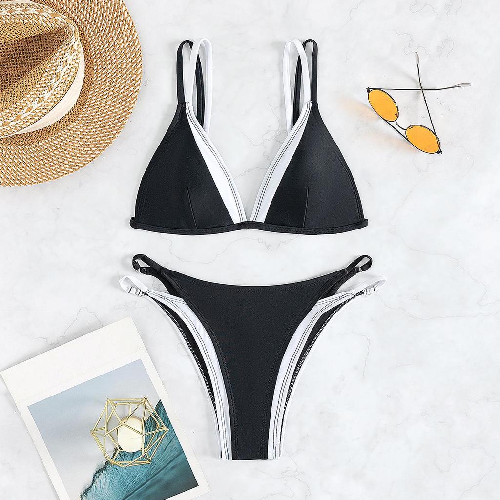 2025 Europäischer & Amerikanischer Colorblock Doppelträger Triangel Bikini Badeanzug für Damen