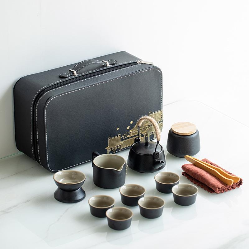 Japanese travel kung fu tea set small set household simple teapot ceramic teacup outdoor tea tray portable bag
