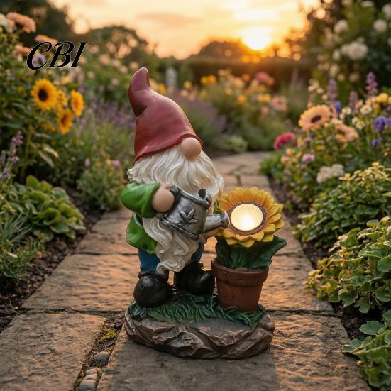 Outdoor Resin Gnome Statues for Patio Solar Sunflower Garden Statue with LED Lights, Waterproof Figurine Decorative Lawn Ornaments Yard Decor