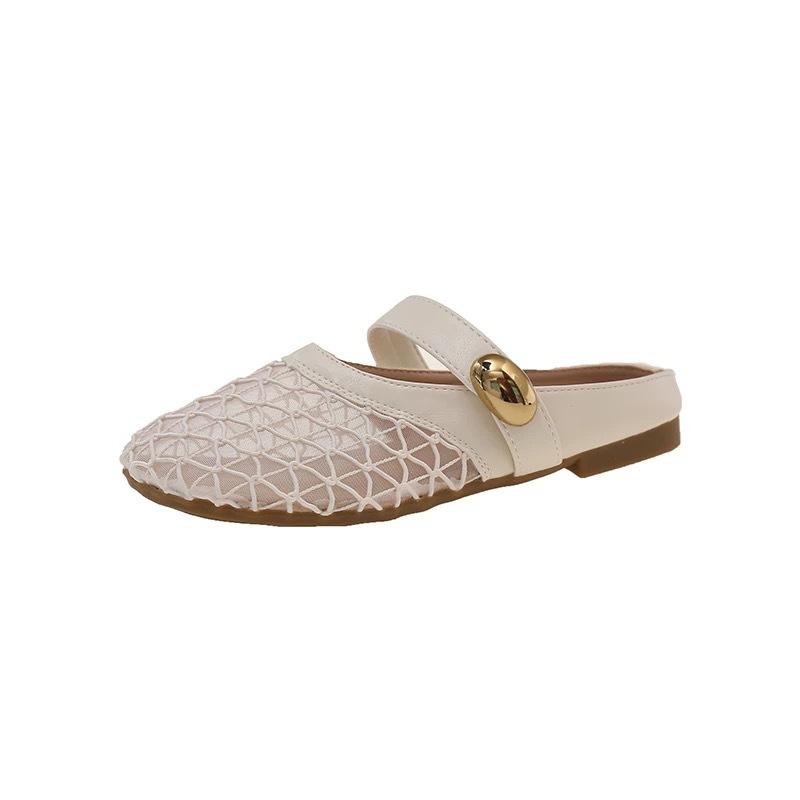 Ultra light French flat bottom mesh breathable bag head half slippers women's summer wear 2025 new non-slip with skirt sandals