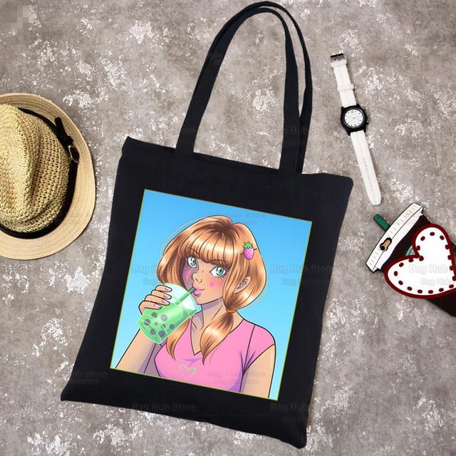 Boba Milk Tea Canvas Black Shopping Cartoon Cute Tote Bag Reusable Shoulder Bubble Tea Cloth Book Bag Gift Handbag