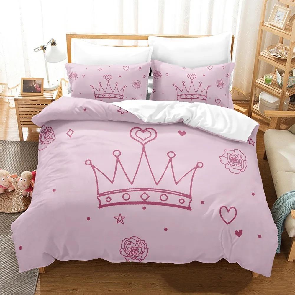 Princess Crown Bedding Sets For Girls Microfiber Duvet Cover Set Full Size ,Pink Butterfly Festival Comforter Cove Pillowcases