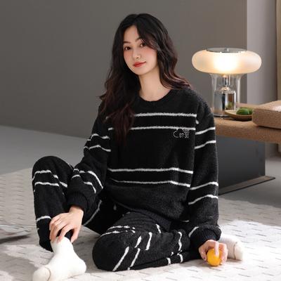 Half-Fleece Pajamas Women'S Autumn And Winter Fleece Thickened Long-Sleeved Suit Winter Warm Striped Fashion Loungewear