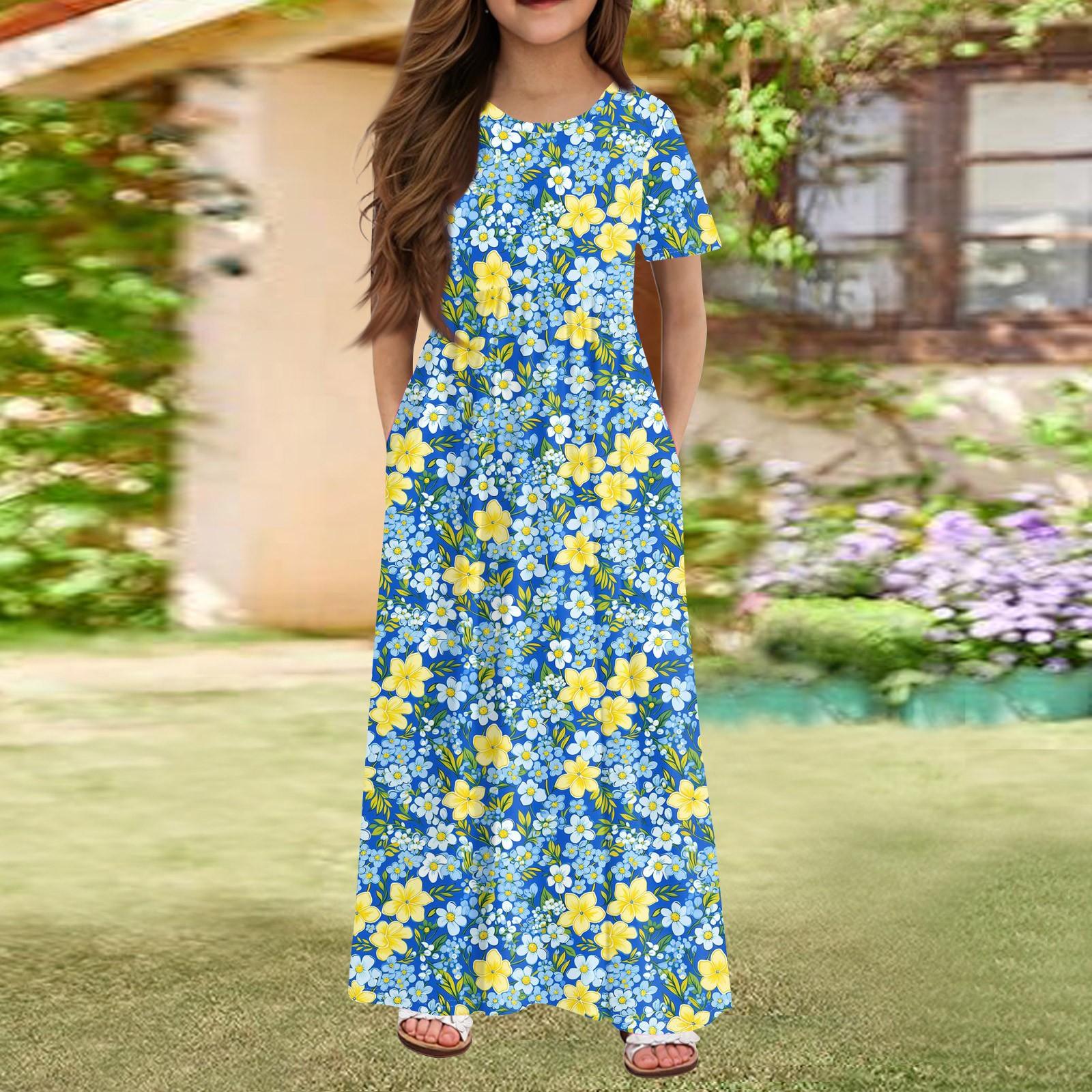 

Длинное летнее платье для девочек - платье макси с короткими рукавами и карманами для детей 4-14 лет 110 синий