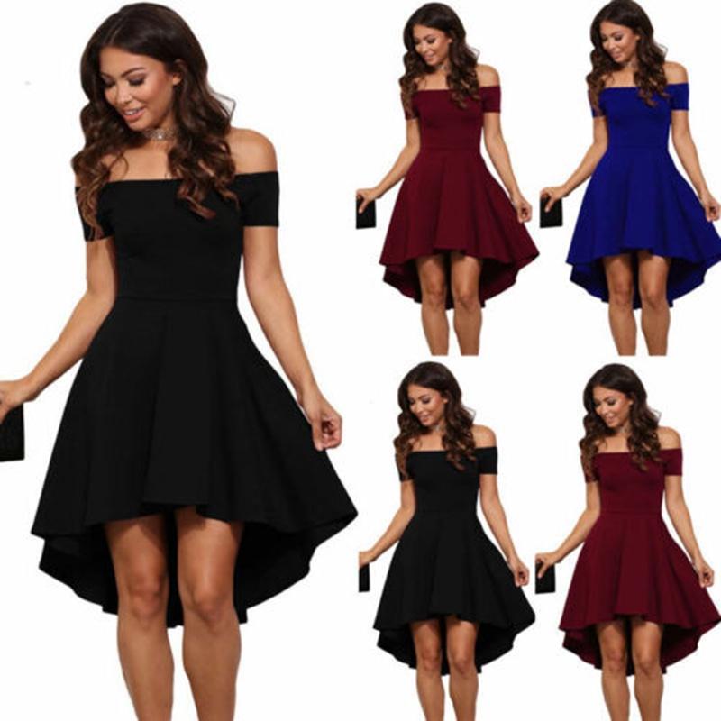 Elegant Women Short Sleeve Off Shoulder High Low Skater Cocktail Formal Dress