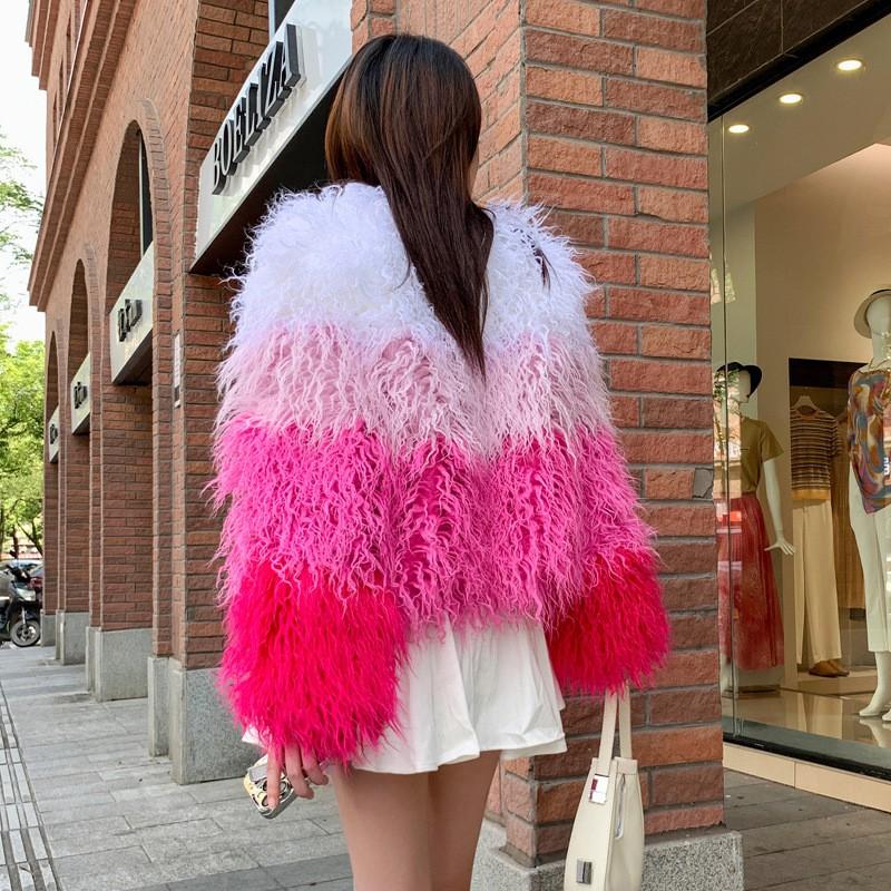 Short Faux Fur Coat Women Color Block Pink White Rose Winter Streetwear Round Neck Long Sleeve