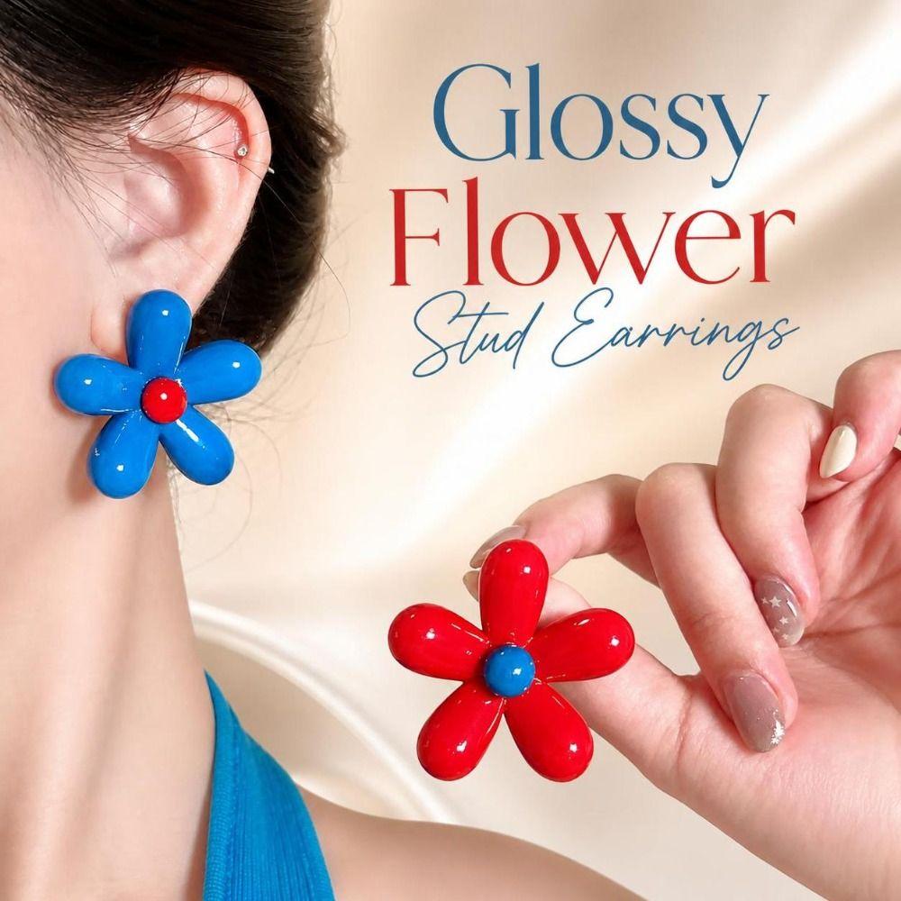 Oversized Resin Flower Earrings Glossy Asymmetry Earrings Trendy Flower Stud Earrings  Women Girls