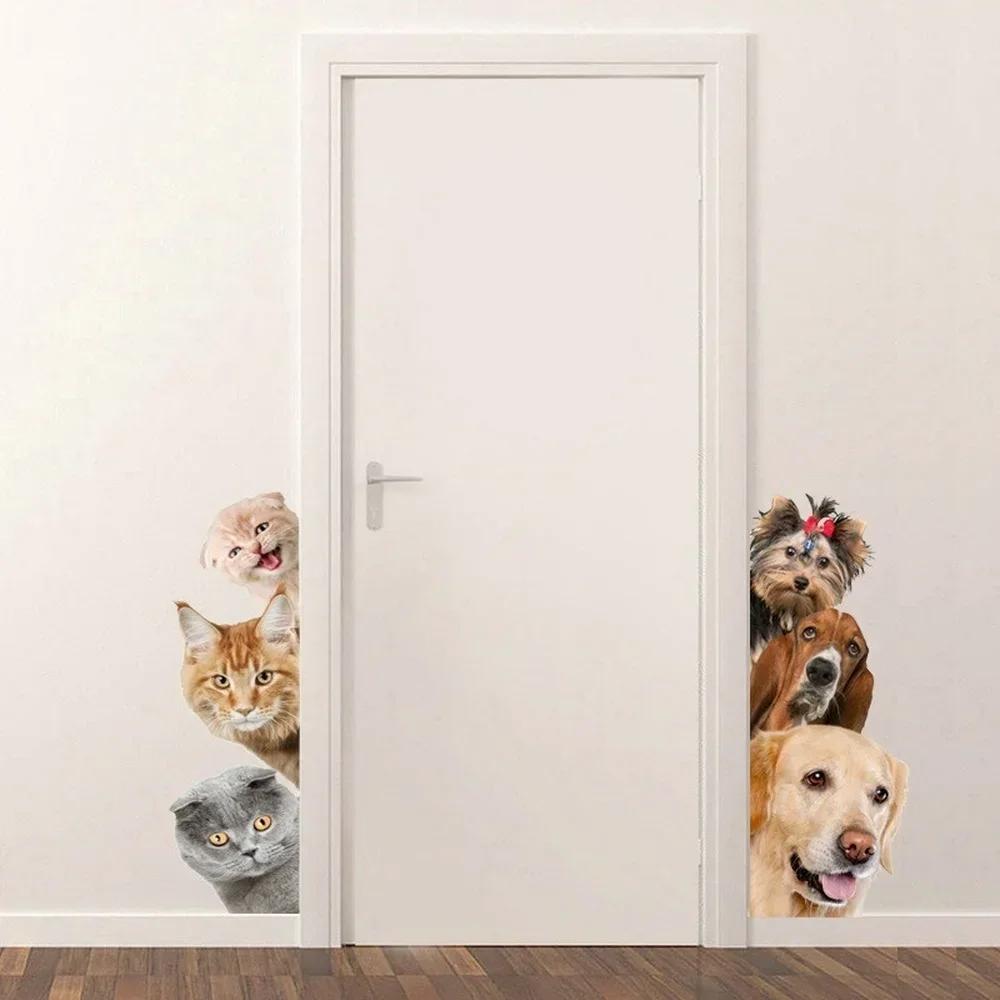 Caroon Decoration Wall Stickers Cute Funny 3d Cat Dog Door Wall Stickers Removable Sitting Veranda Bedroom Animal Wall Murals