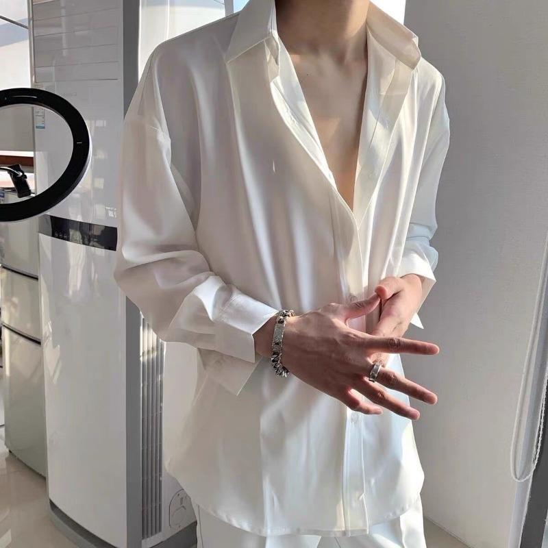 Pánská černá saténová košile na knoflíky Ležérní Oversized Streetwear Top