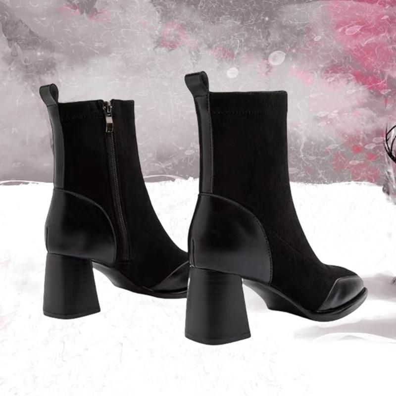 Thick High Heel Short Boots Autumn Winter New Popular Square Headed Suede Ankle Boots for Women Black Brown Elastic Heeled Boots