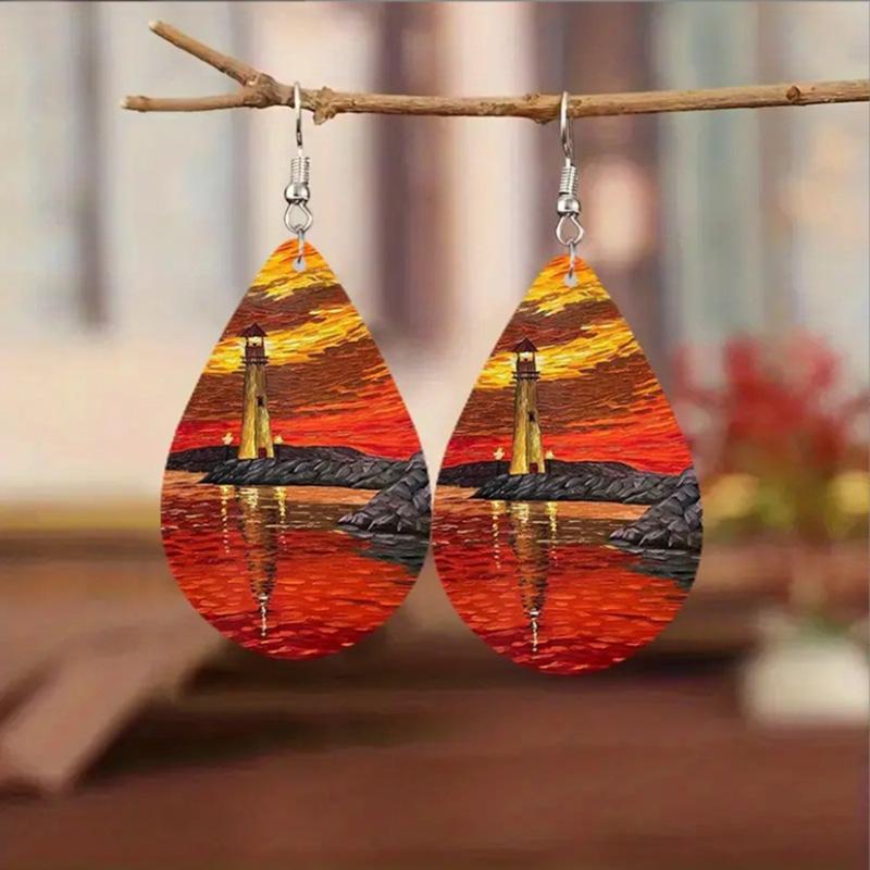 Classic Van Gogh Starry Night Earrings Vintage Tree Of Life Water Drop Leather Earrings For Women