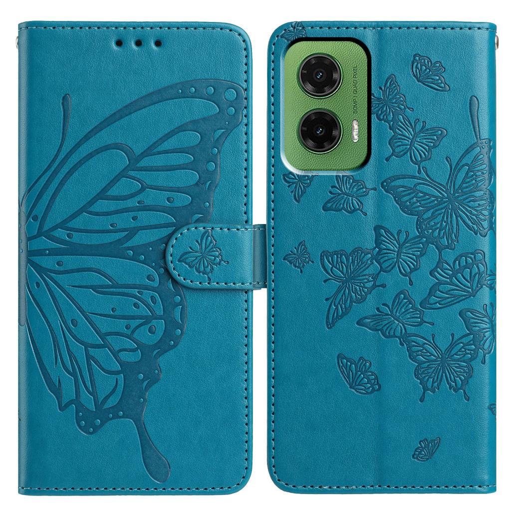 Für Motorola Moto G35 5G Hülle Schmetterling geprägt Brieftasche Ständer PU Leder Klapphandyhülle mit Riemen