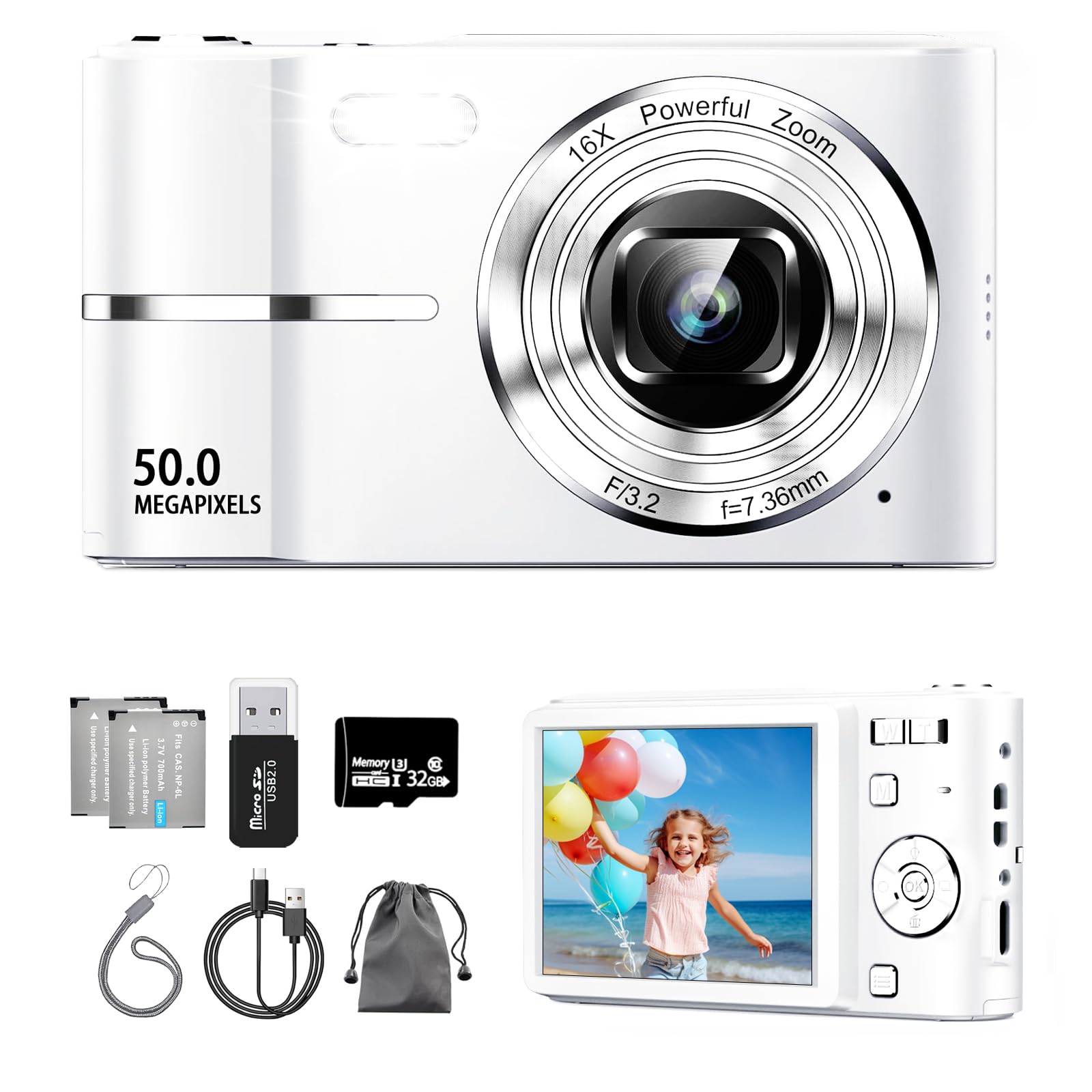 

Digital Camera Video 50 with 32GB Micro SD AF Compact Large 16x Two Image Lightweight Japanese Instruction Ideal for Students and School and Instagram