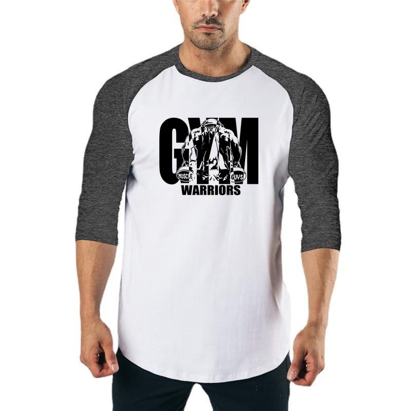 Muscleguys Gym Warriors Clothing Mens Running T-shirt Spring Autumn Three Quarter Sleeve T Shirt Patchwork Fitness Tee Shirts Sports Tshirt