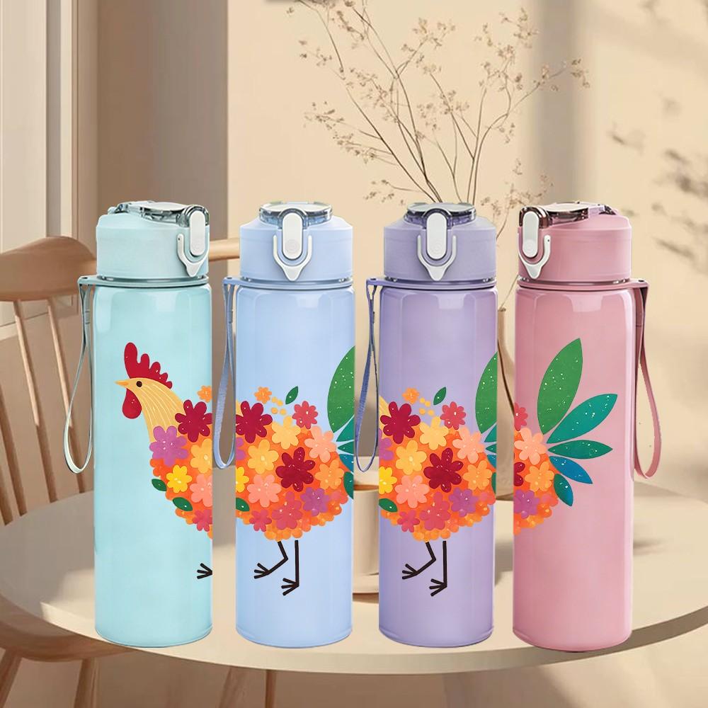 1PC Color Rooster Bird Farm Print 750ml Color Plastic Sports Water Bottle Leakproof Flip Straw Lid Suitable for Sports Office Home Use
