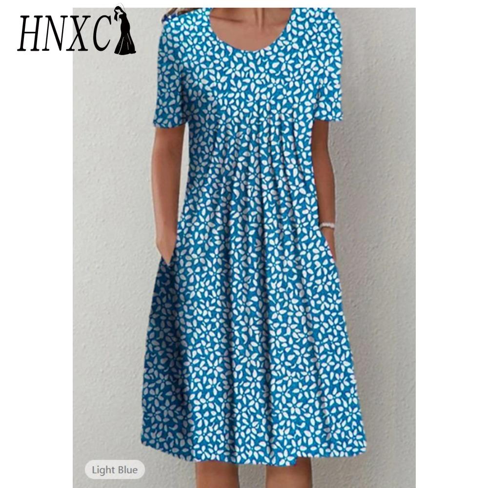 HNXC 30 Color Pleated Midi Dress Short Sleeve Round Neck Loose Hem Mid-Calf Length Women Floral A-Line Party Dress Casual Wear