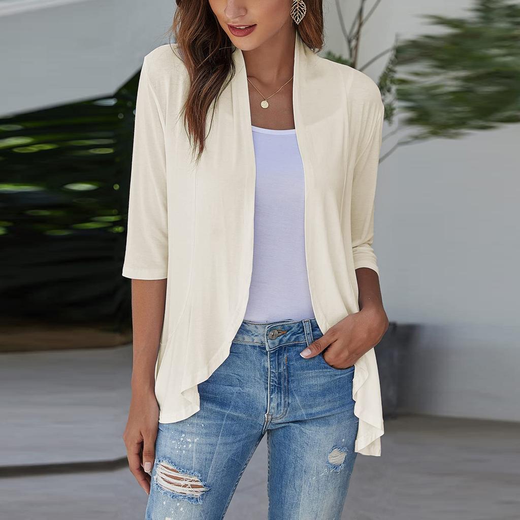 Women's Fashion Casual Seven Minute Sleeve Solid Color Ruffle Cardigan Top