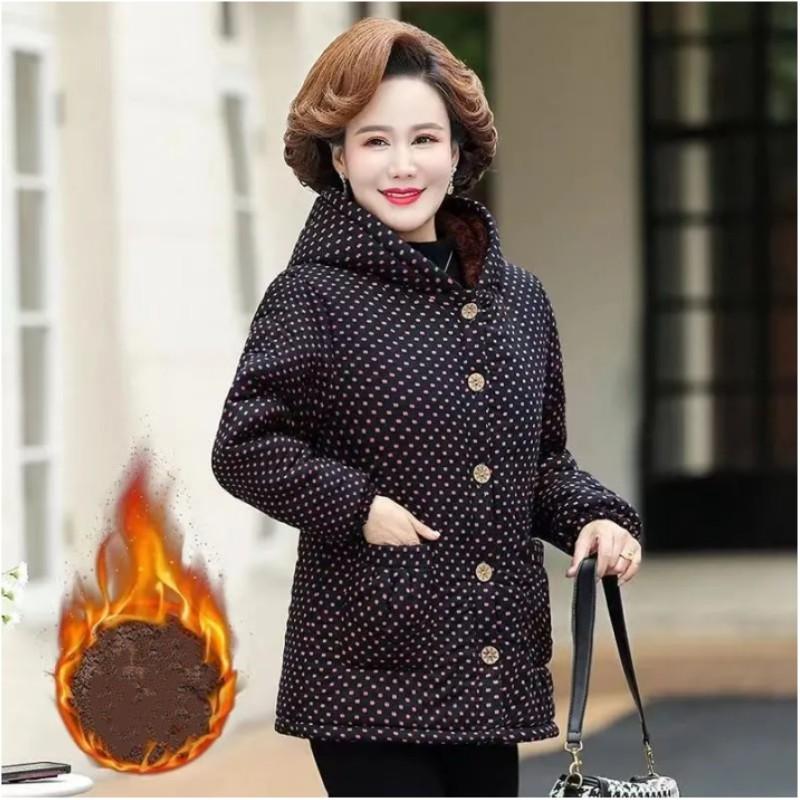 Women's Winter Plus Size Cotton-Padded Jacket Middle-Aged Elderly Mothers Short Warm Padded Coat Casual Hooded Outerwear