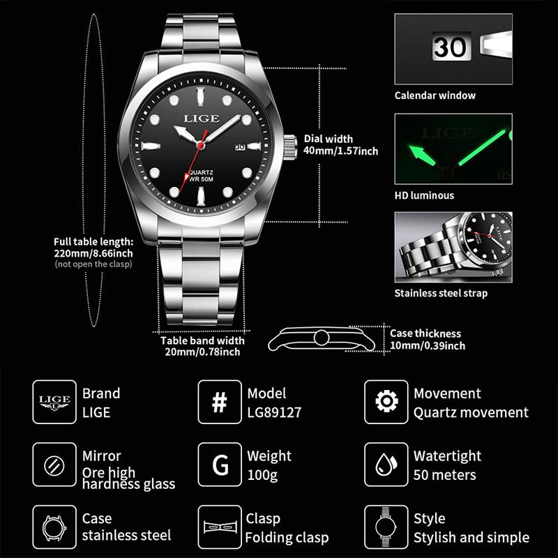 LIGE New Luxury Mens Watch Casual Fashion Quartz Wristwatches Sports 50M Waterproof Luminous Calendar Watches Men Gifts Reloj