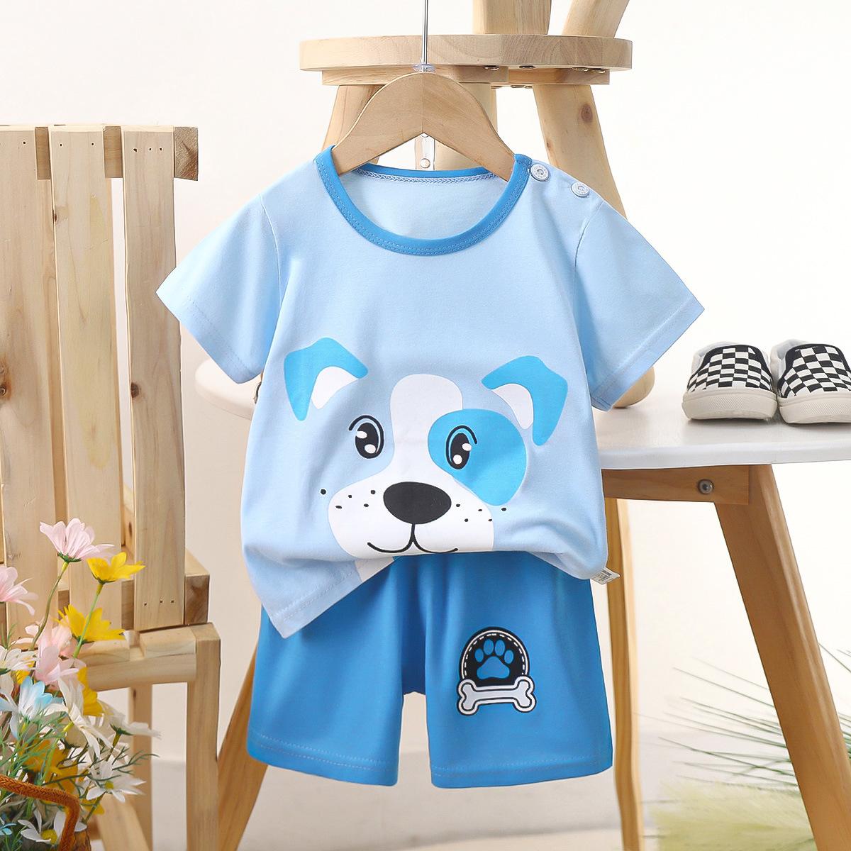 

Children s short sleeved set, pure cotton boys T-shirt, baby s summer children s clothing, girls shorts, baby clothes, summer clothes 73cm синій