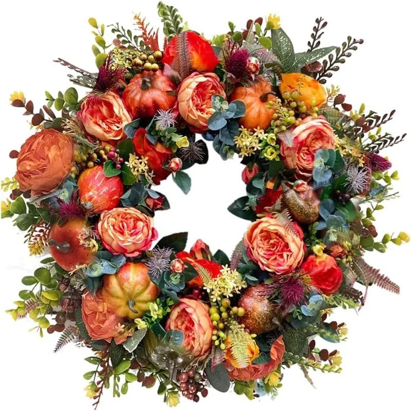 40cm Fall Peony and Pumpkin Wreath Simulation Garland for Front Door Farmhouse Decor Festival Celebration Thanksgiving Wreath