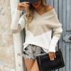 Autumn Winter Lazy Style V Neck Color Block Pullover Sweater For Women