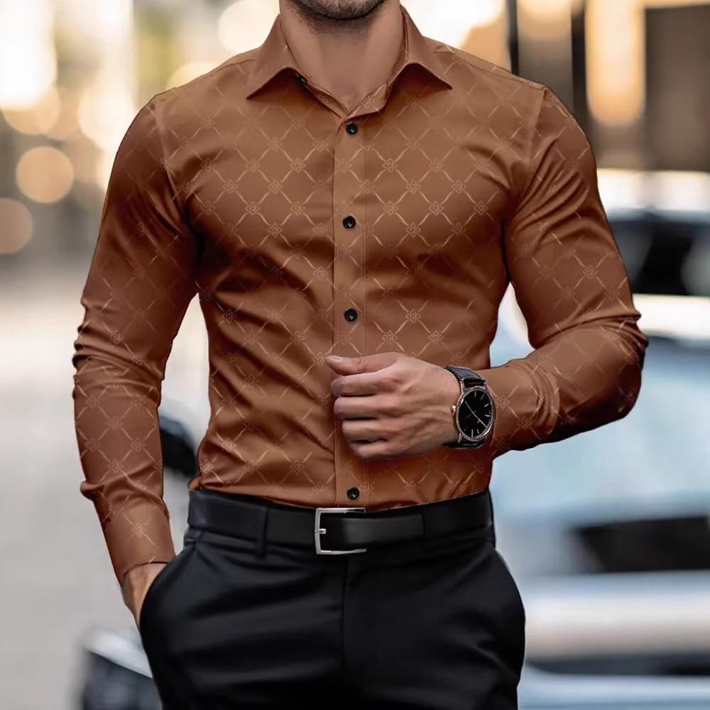 

Spring Autumn New Men Clothes Long Sleeve Spell Color Casual Shirt Men Lapel Slim Fit Shirt Tops 3XL коричневий