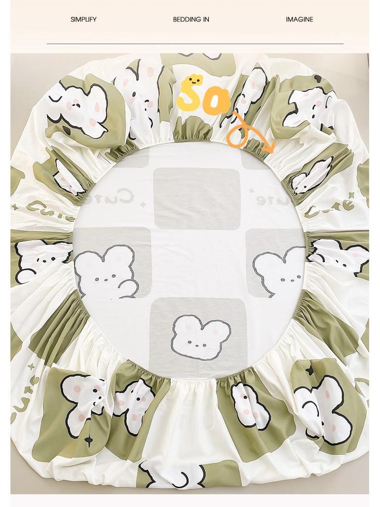 Pure Cotton Cartoon Print Fitted Sheet & Solid Color Mattress Protector Three-Piece Set