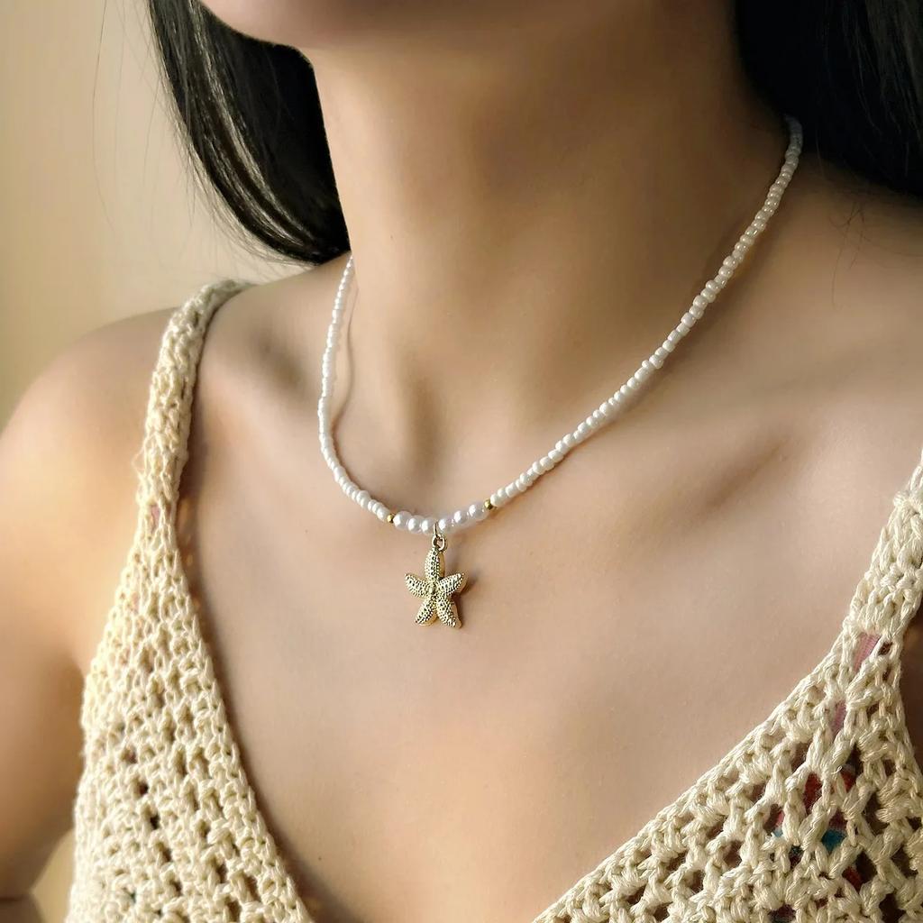 Attractive Bohemian Rice Beads Starfish Pendant Necklace for Women Handmade Imitation Pearl Beaded Choker Summer Beach Zircon