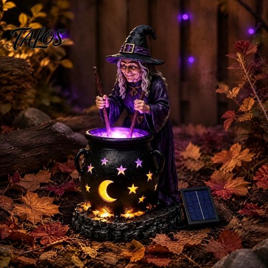 Pryskyřičný kotel čarodějnice Solární soška se svítícím kotlíkem, Venkovní Halloweenské zahradní světlo, Strašidelná dekorativní figurka pro dvorek trávník verandu cestičku