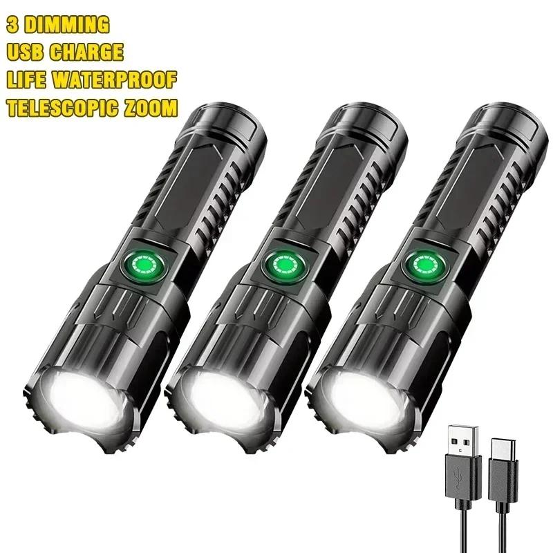 Power LED Flashlight USB Rechargeable Super Powerful Flashlight Tactical Emergency Spotlight Telescopic Zoom Camping Flashlight