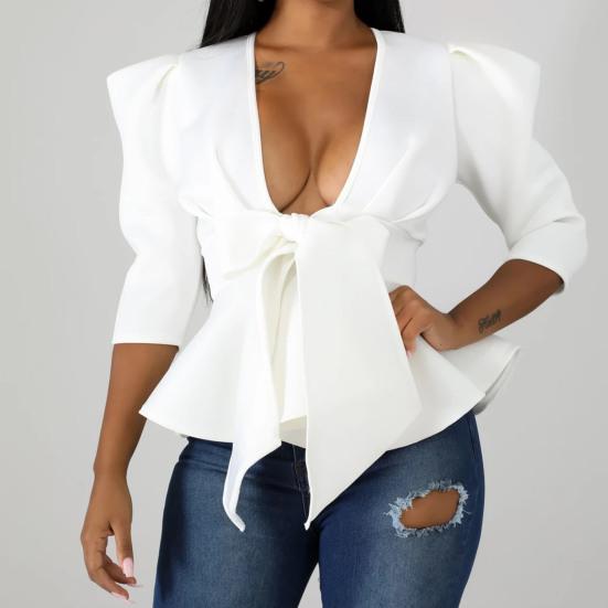 Deep V-neck Puff Half Sleeve Solid Color Women Coat Ruffle Hem Bowknot Bandage Peplum Blazer Workwear