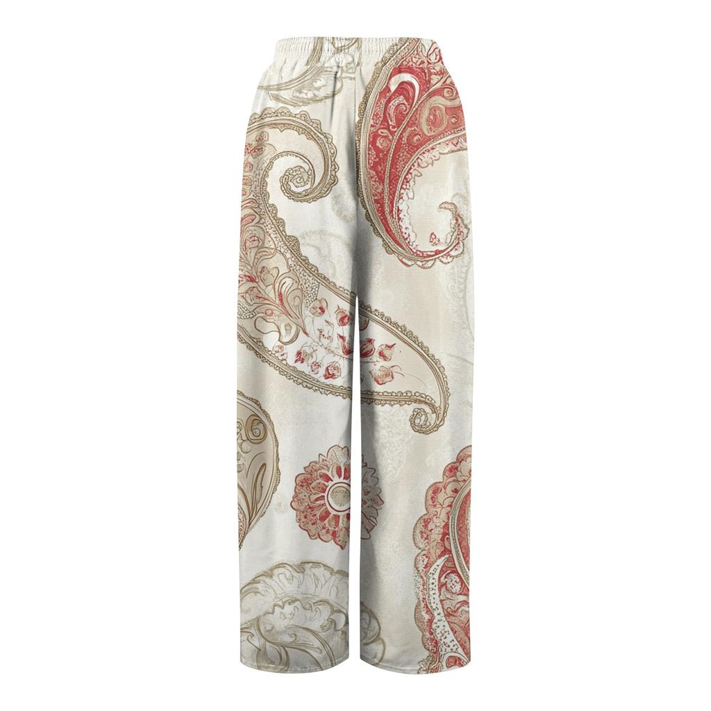 Women's Printed Wide Leg Pants With Pockets High Waist Drawstring Loose Casual Pants