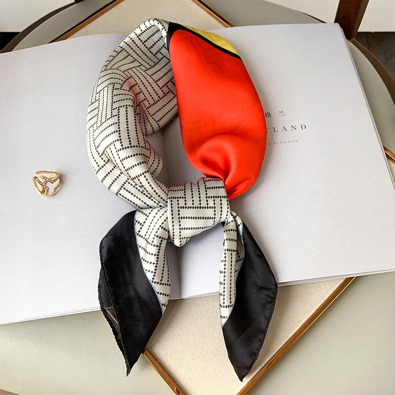 New Summer Korean Version Color-blocking Emulated Silk Small Square Scarf for Women's Seaside Sun Protection Scarf Fashionable Scarf Big Shawl
