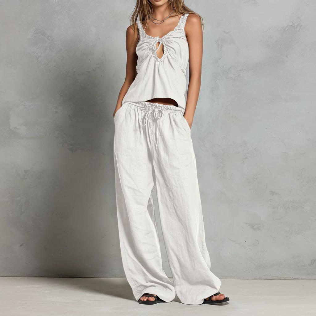 Women Casual Two Piece Set Sleeveless Drawstring Tank Top Loose Fit Wide Leg Pants Summer Outfit Lightweight Breathable Fabric