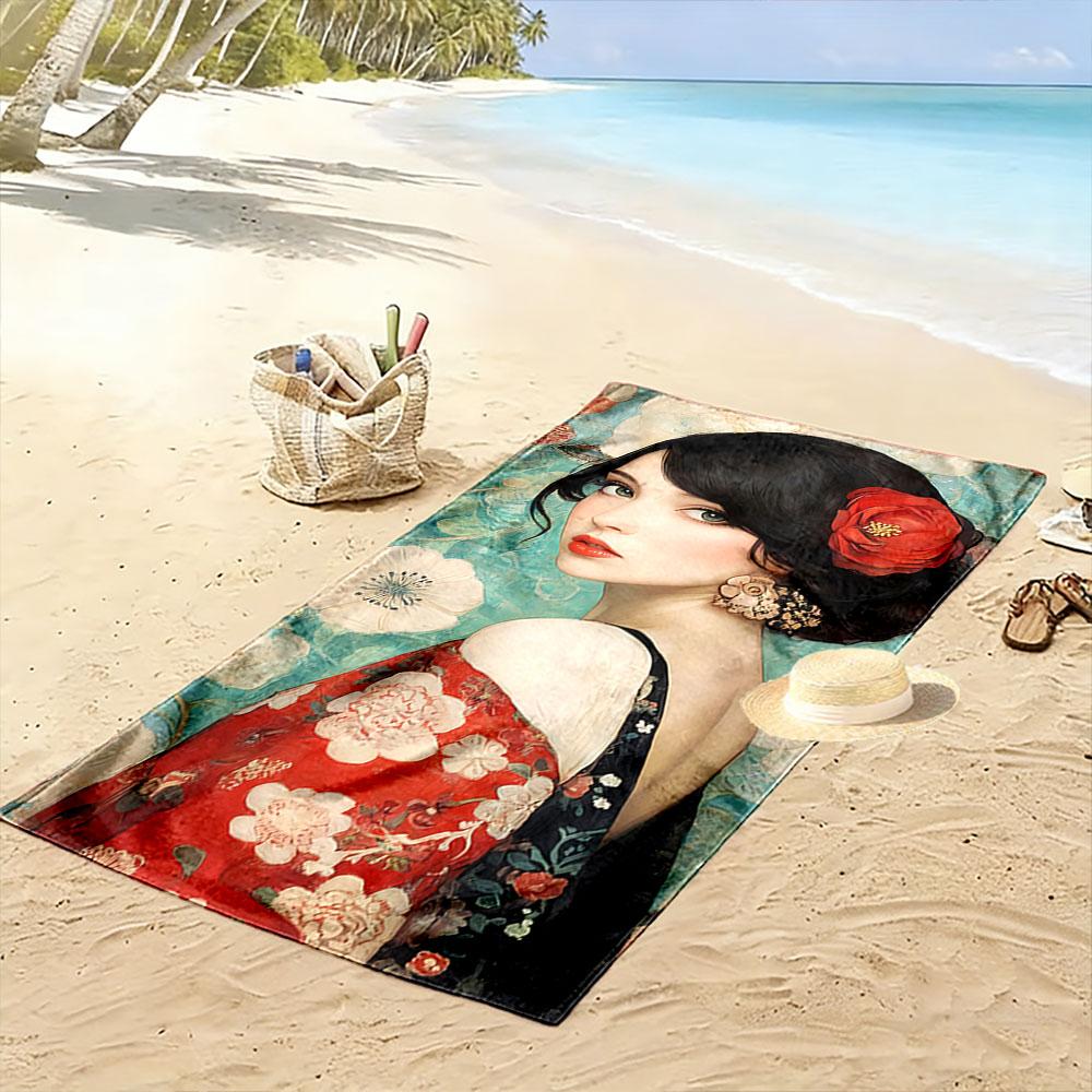 Floral Lady with Red Rose A must-have beach towel for beach travel