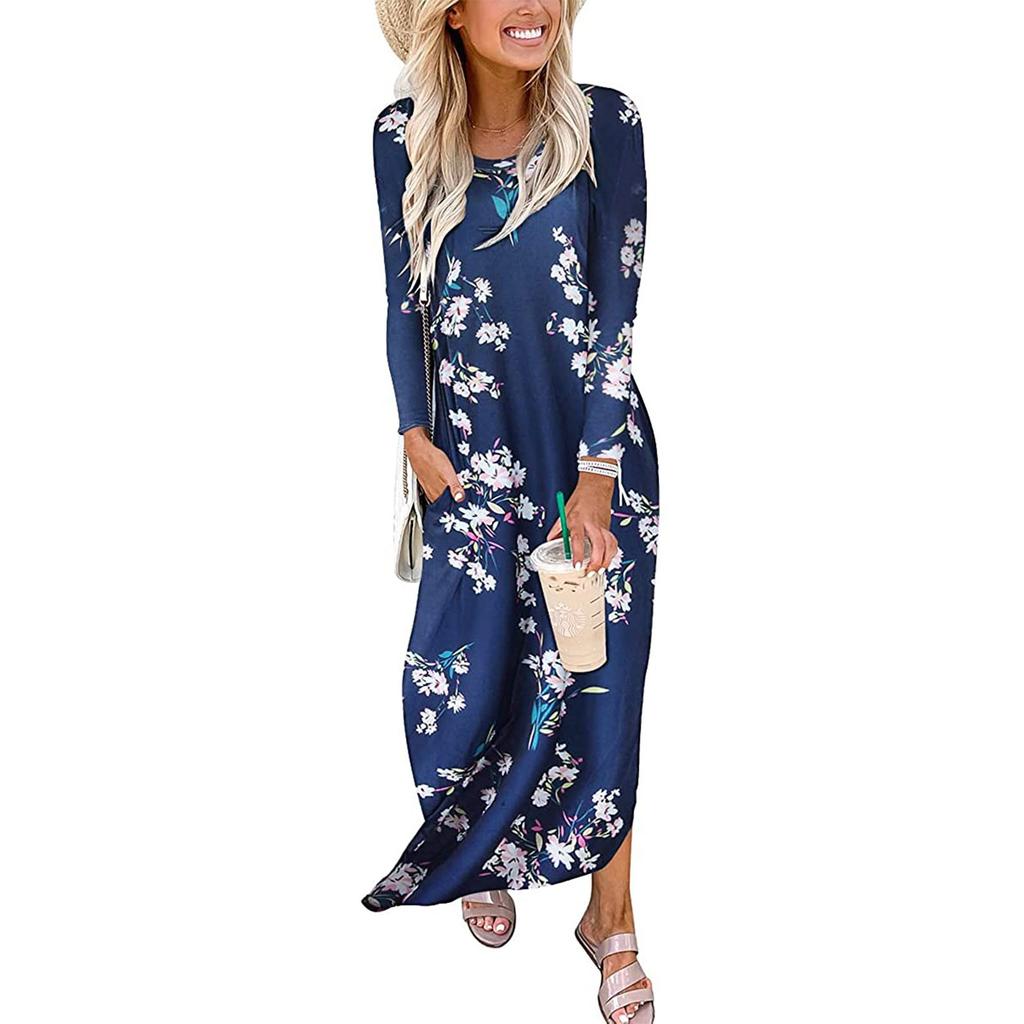 Robe longue ample à manches longues pour femmes, mode, col rond, poche fendue, robe pour dames
