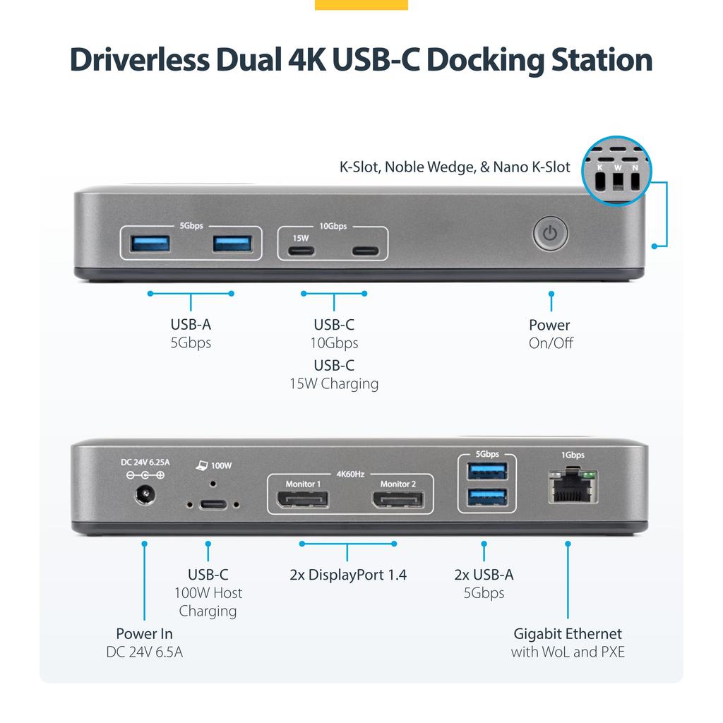 StarTech Docking Dual USB für Windows USB-C Station, Monitor, 4K60Hz, DP, 100W, Hub, LAN, (201N-USBC-DOCK)